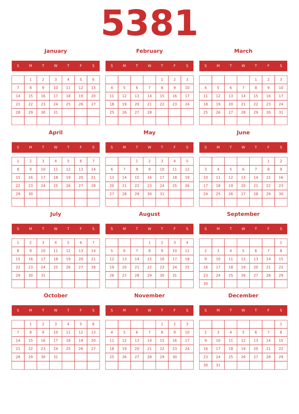 Printable 5381 Year Calendars red