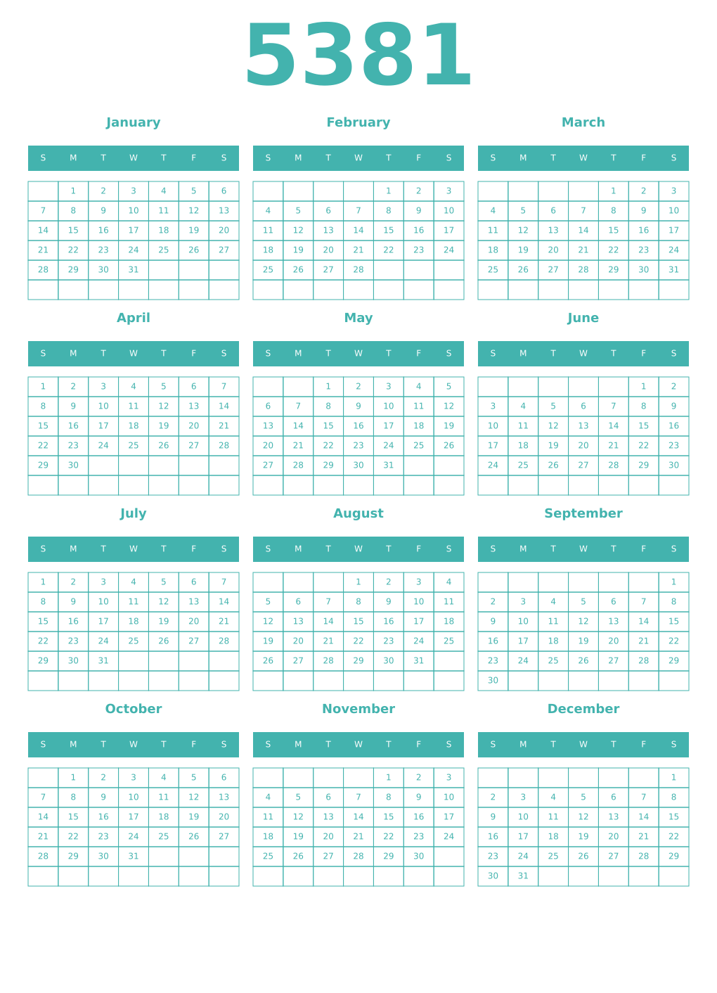 Printable 5381 Year Calendars verdigris