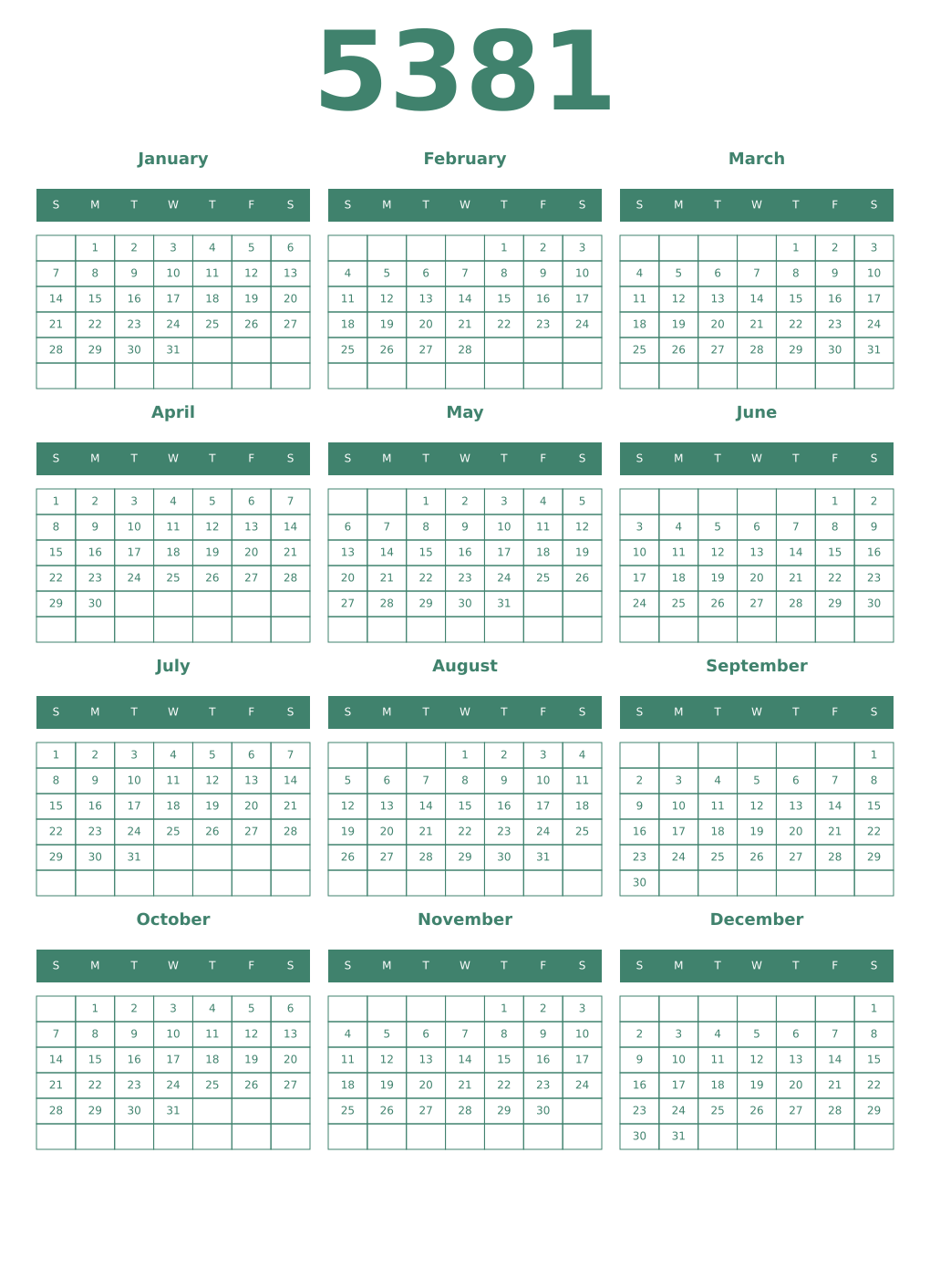 Printable 5381 Year Calendars viridian