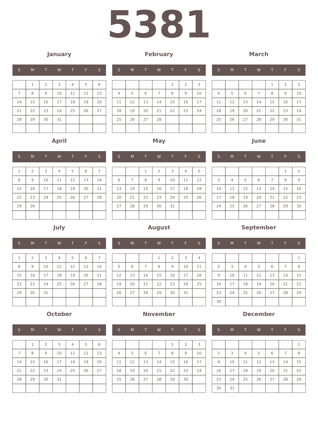 Printable 5381 Year Calendars wenge