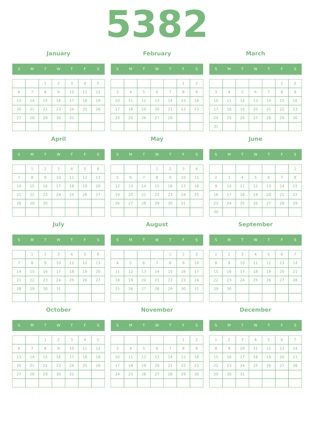 Printable 5382 Year Calendars celadon