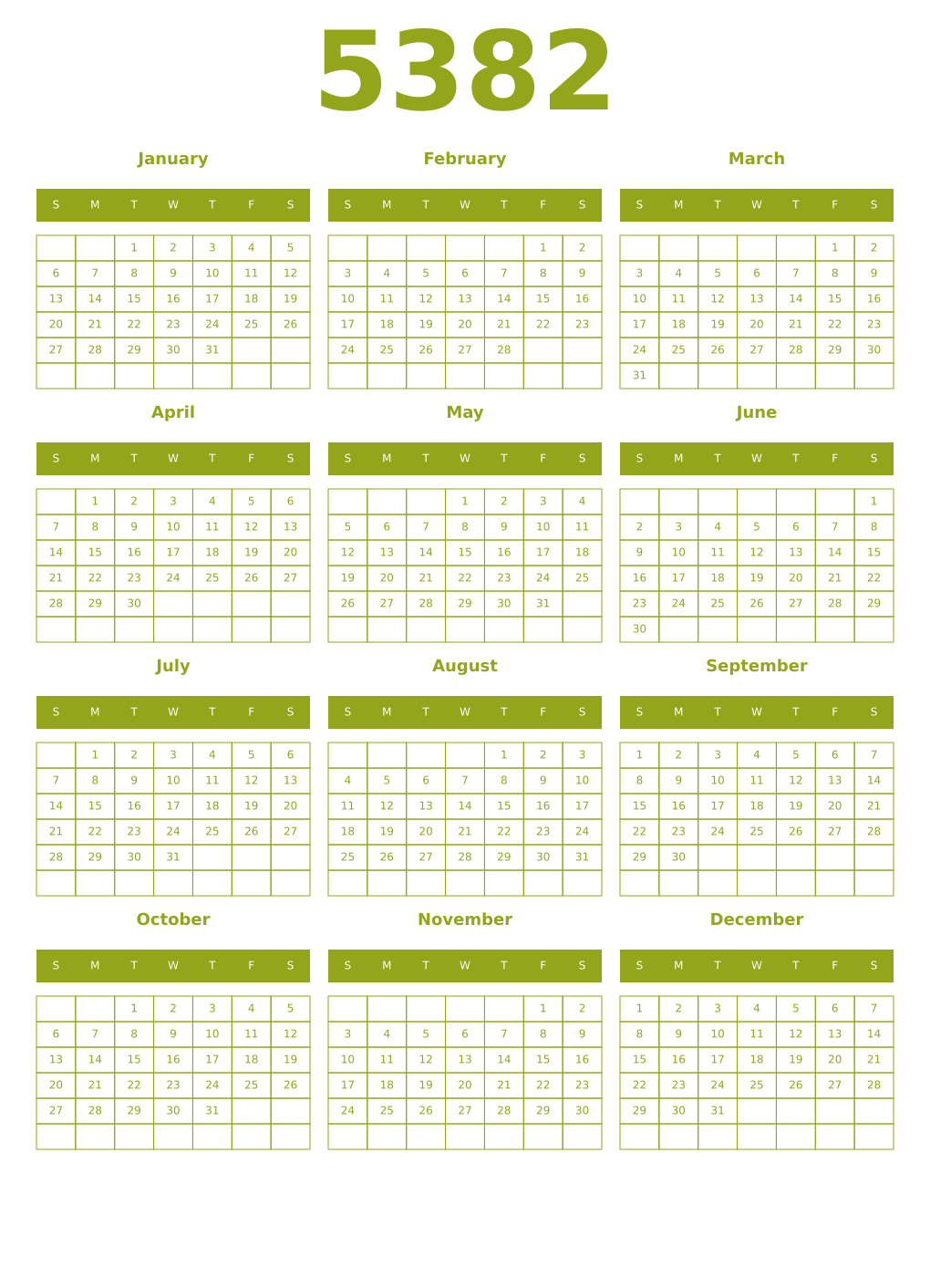 Printable 5382 Year Calendars chartreuse
