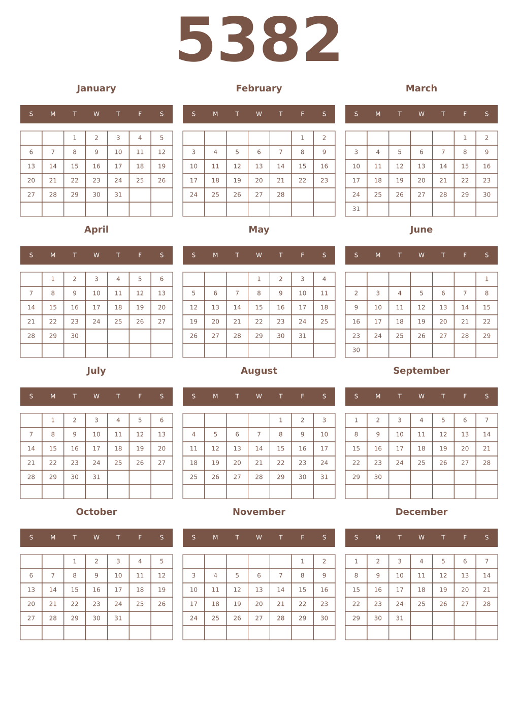 Printable 5382 Year Calendars coffe