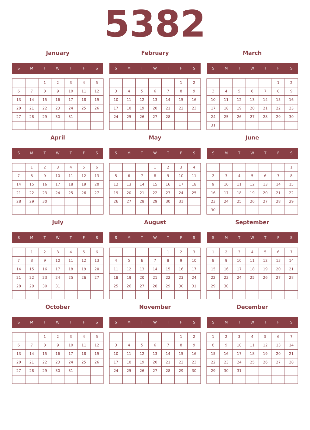 Printable 5382 Year Calendars cordovan