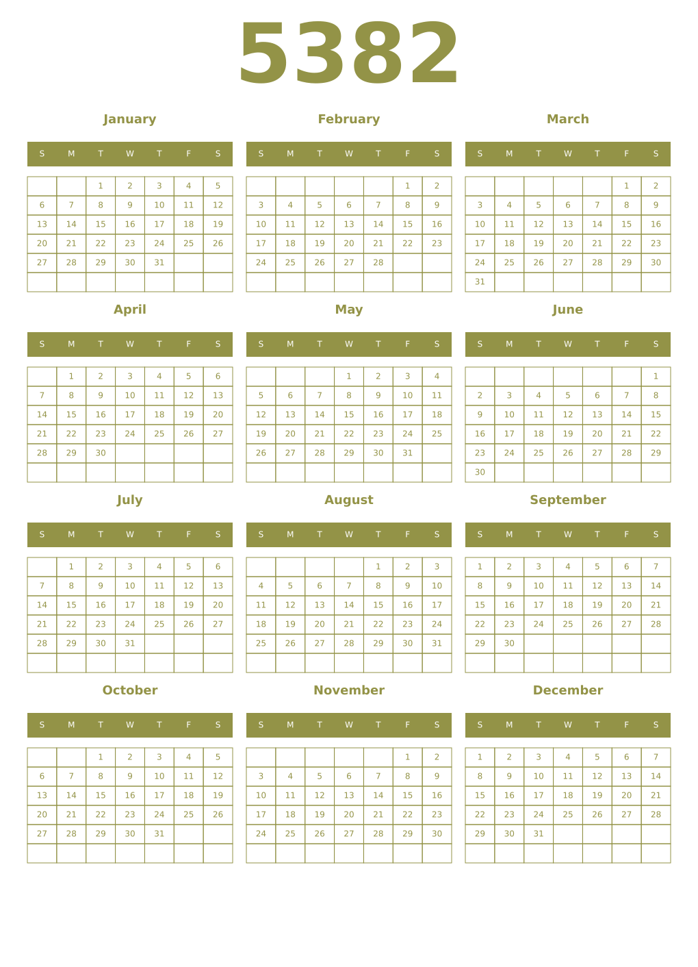 Printable 5382 Year Calendars eburnean