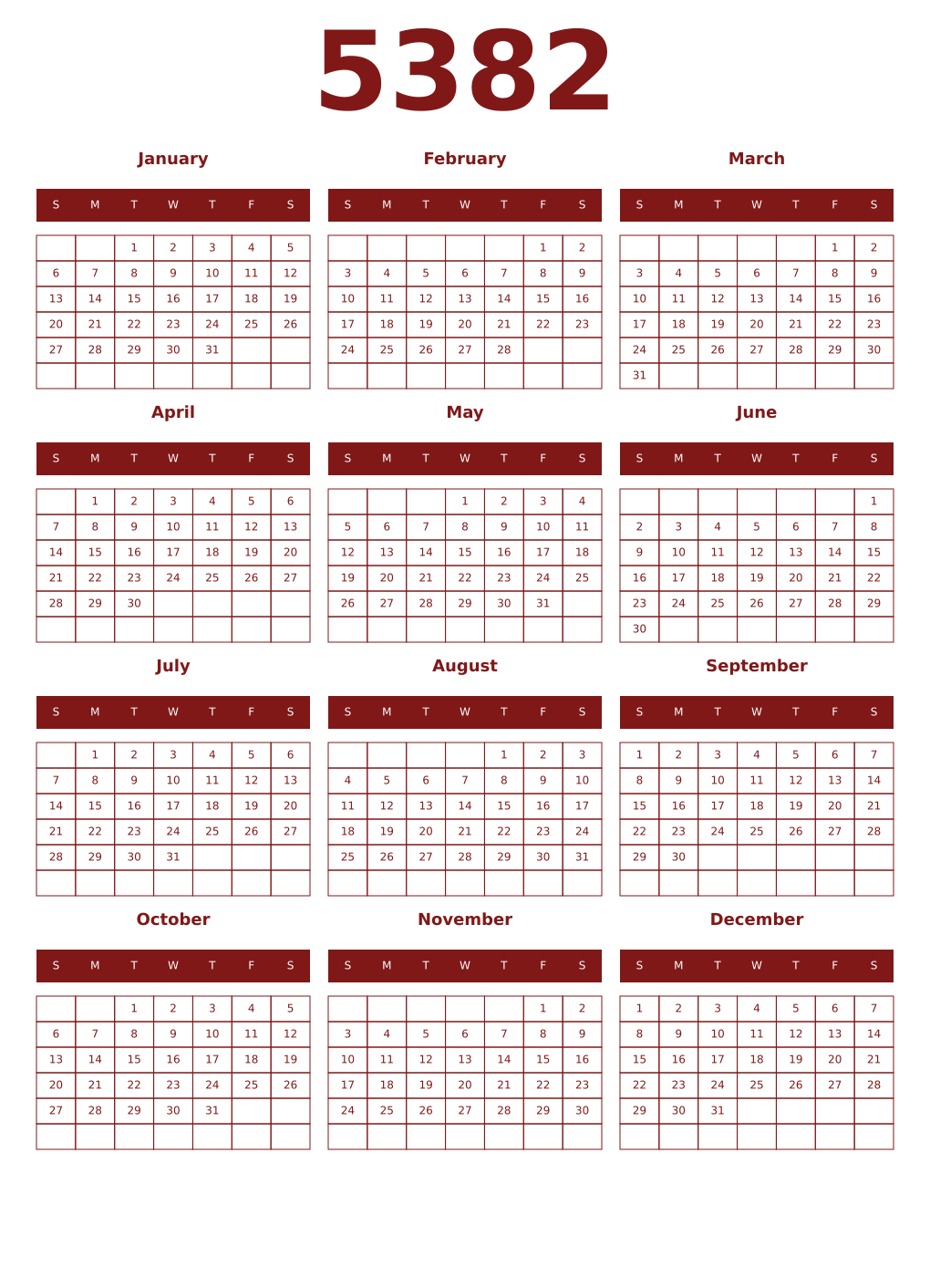 Printable 5382 Year Calendars falu