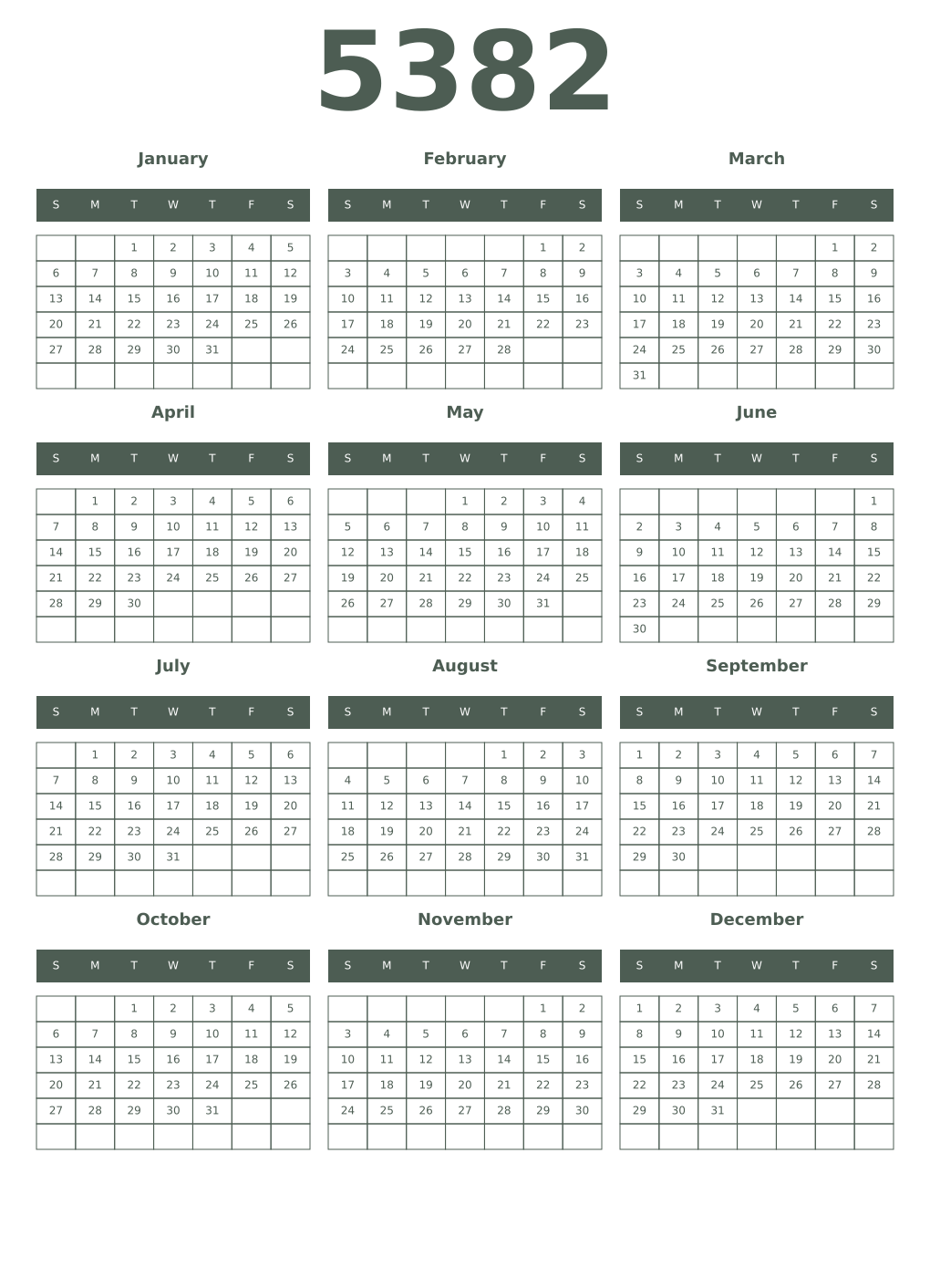 Printable 5382 Year Calendars feldgrau