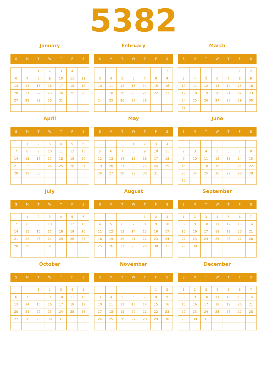 Printable 5382 Year Calendars gamboge