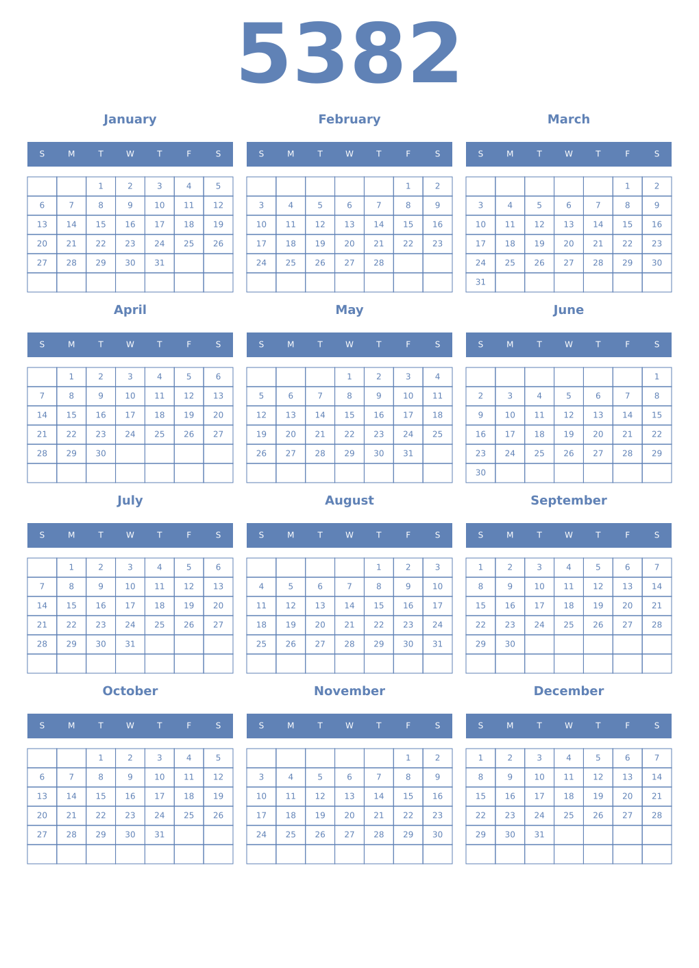 Printable 5382 Year Calendars glaucous