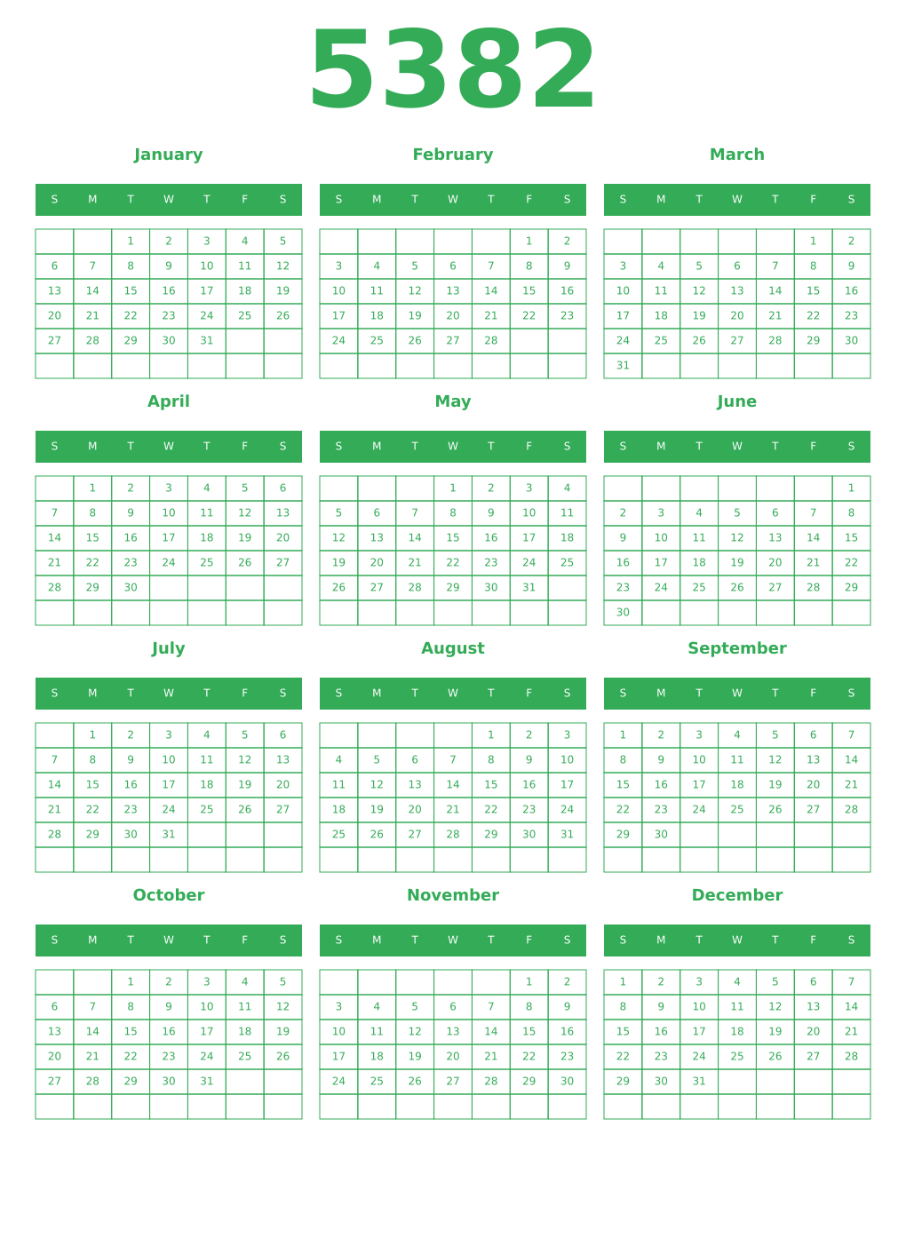 Printable 5382 Year Calendars green