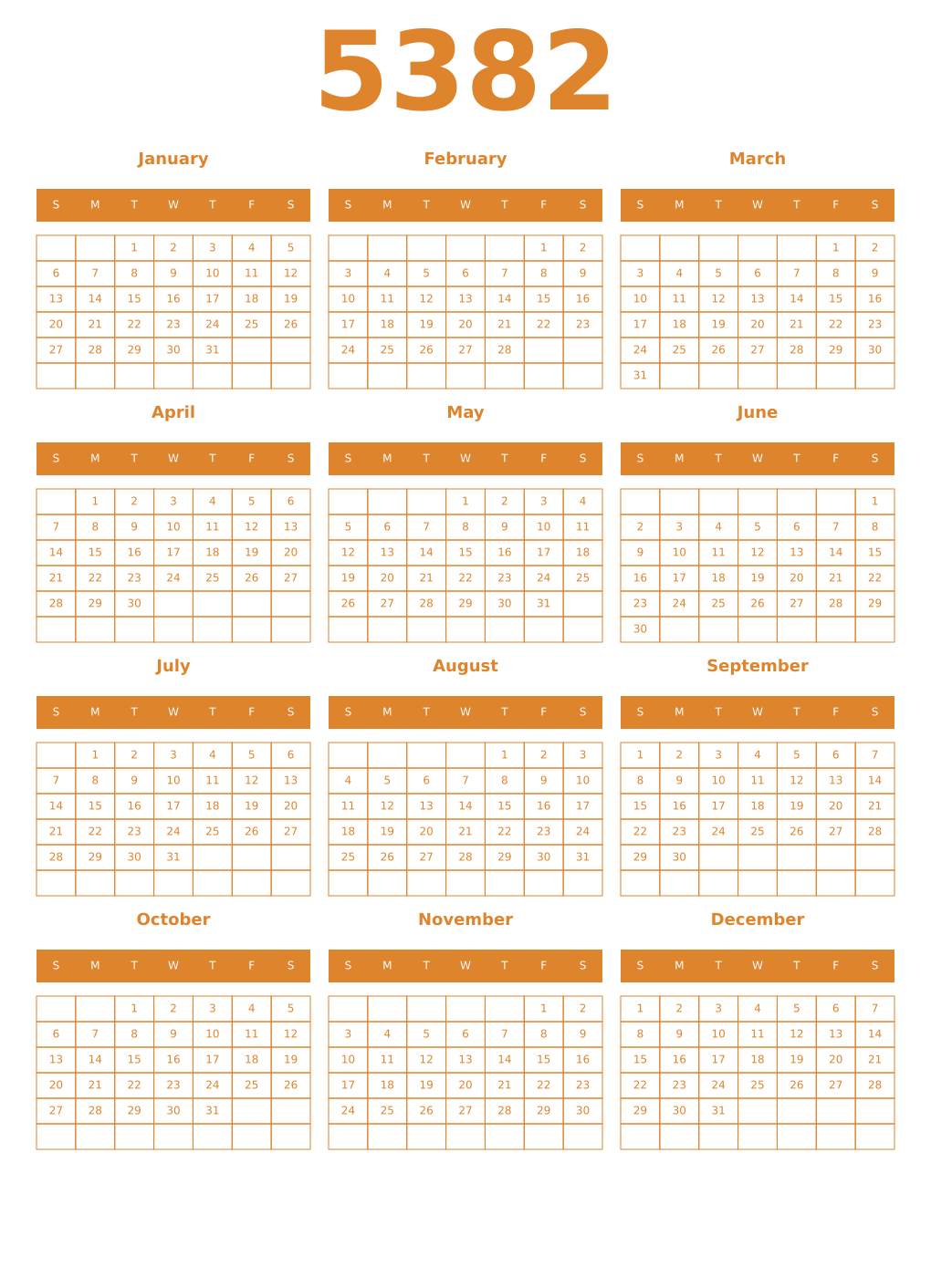 Printable 5382 Year Calendars orange