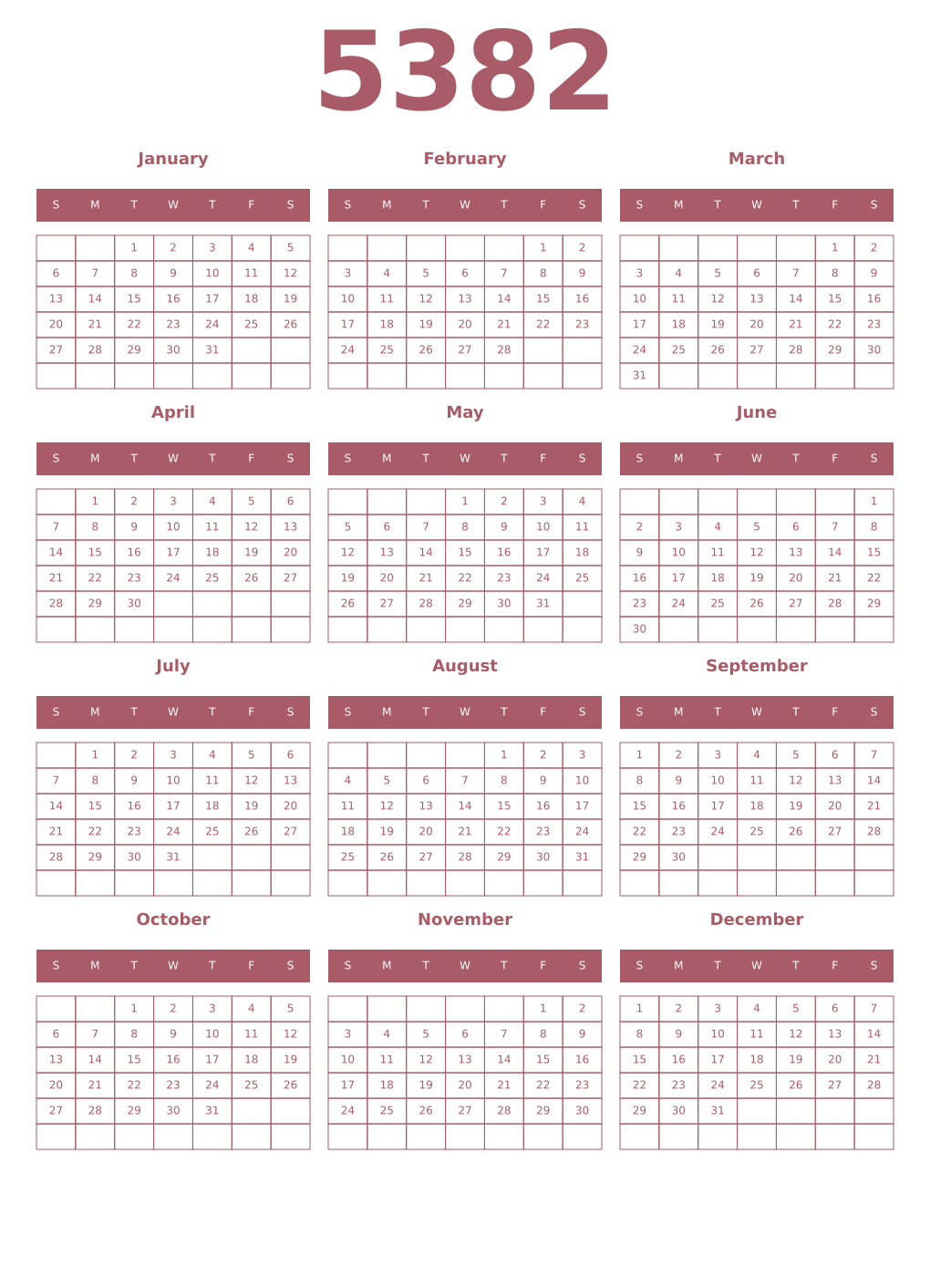 Printable 5382 Year Calendars puce