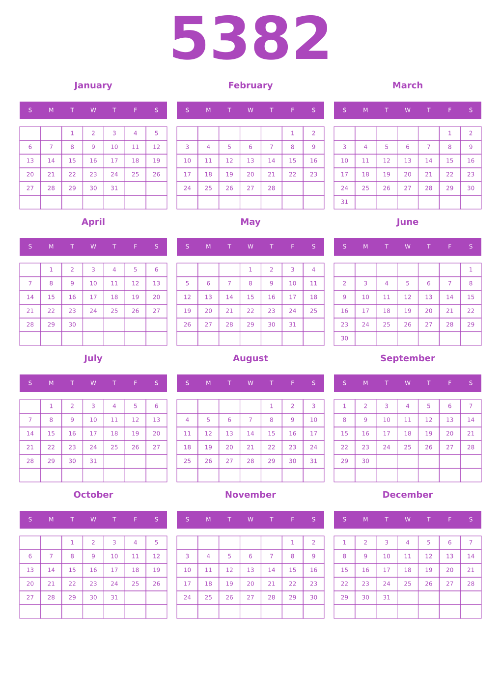 Printable 5382 Year Calendars purple