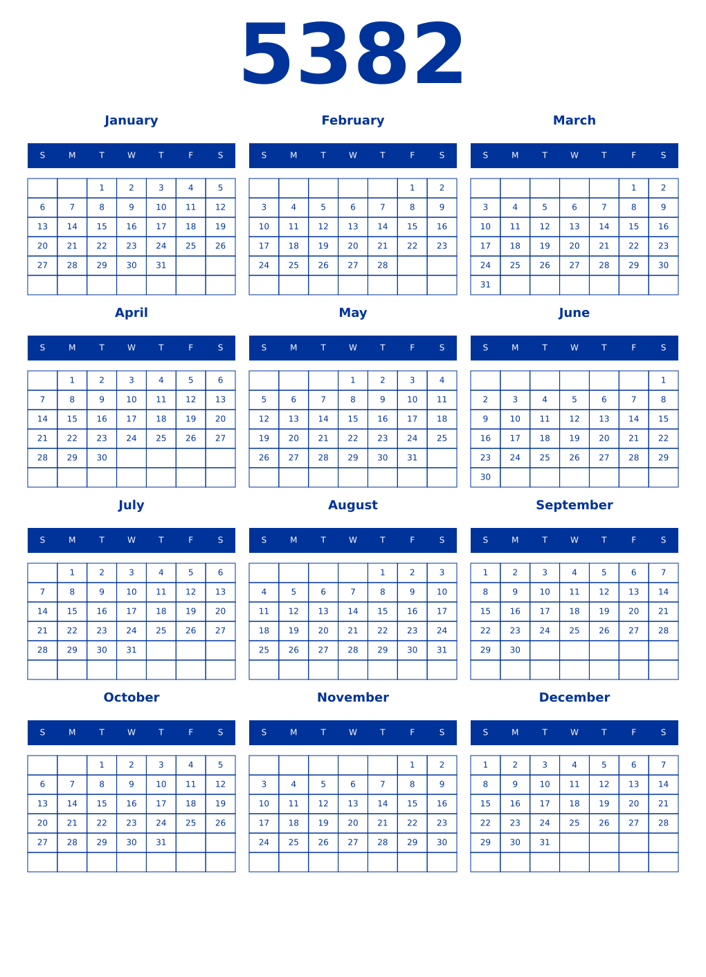 Printable 5382 Year Calendars smalt