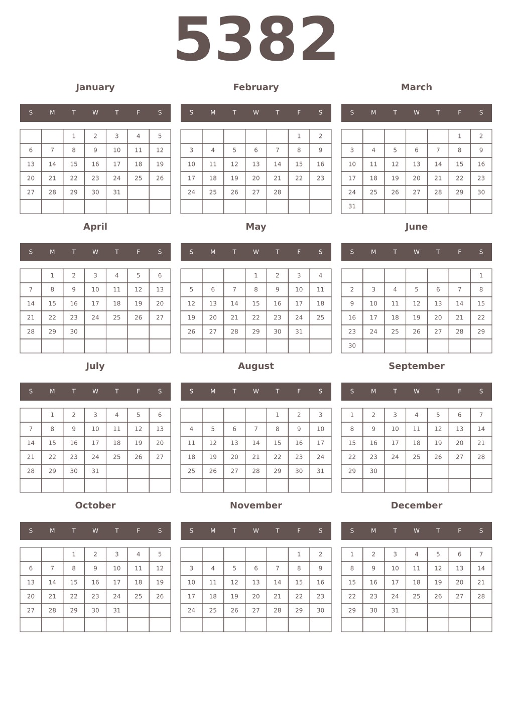 Printable 5382 Year Calendars wenge