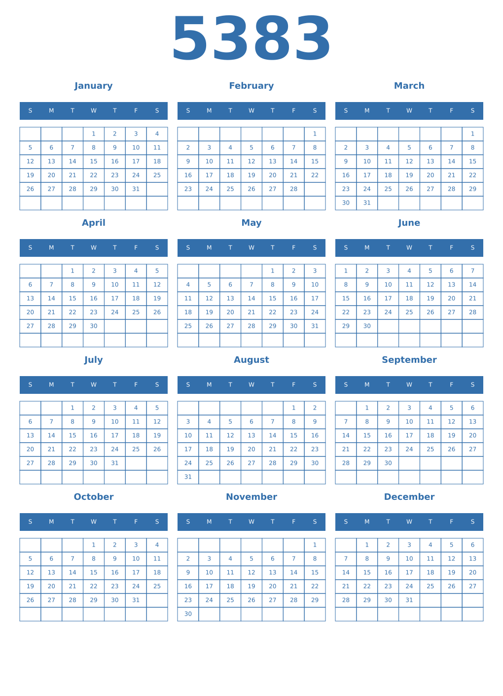 Printable 5383 Year Calendars blue