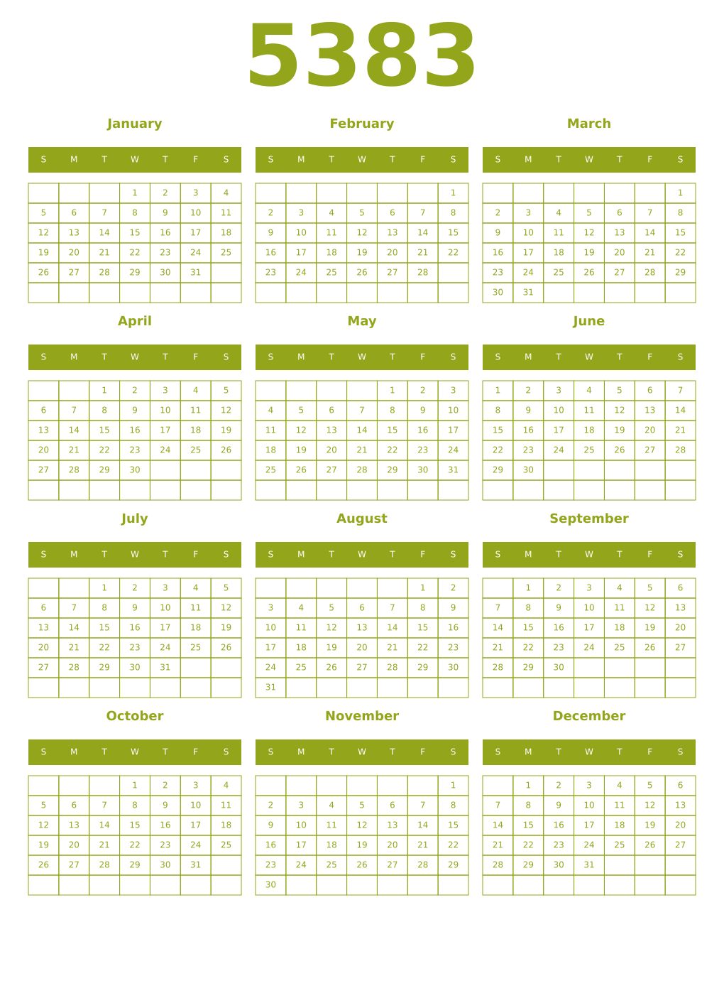 Printable 5383 Year Calendars chartreuse