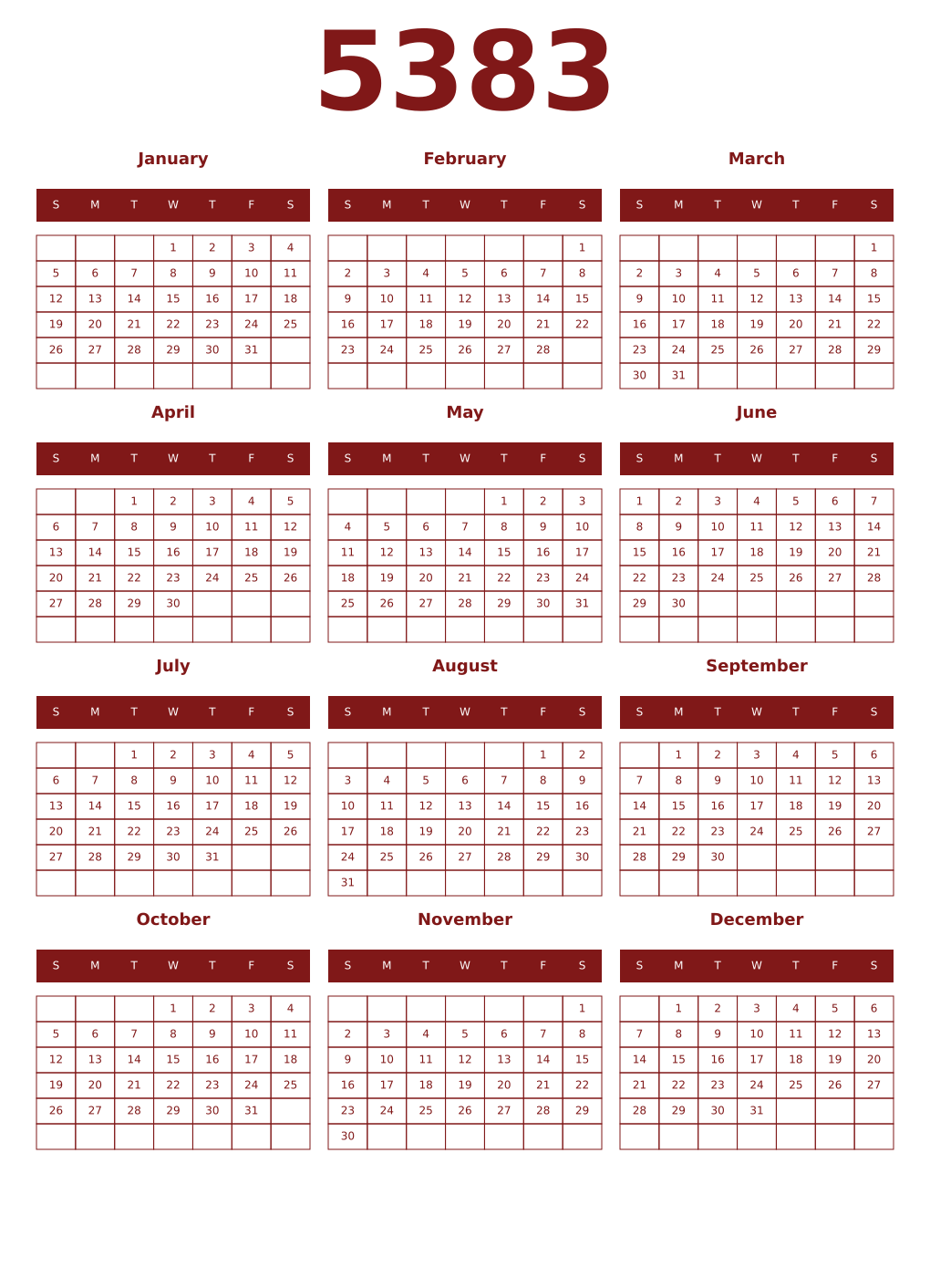 Printable 5383 Year Calendars falu