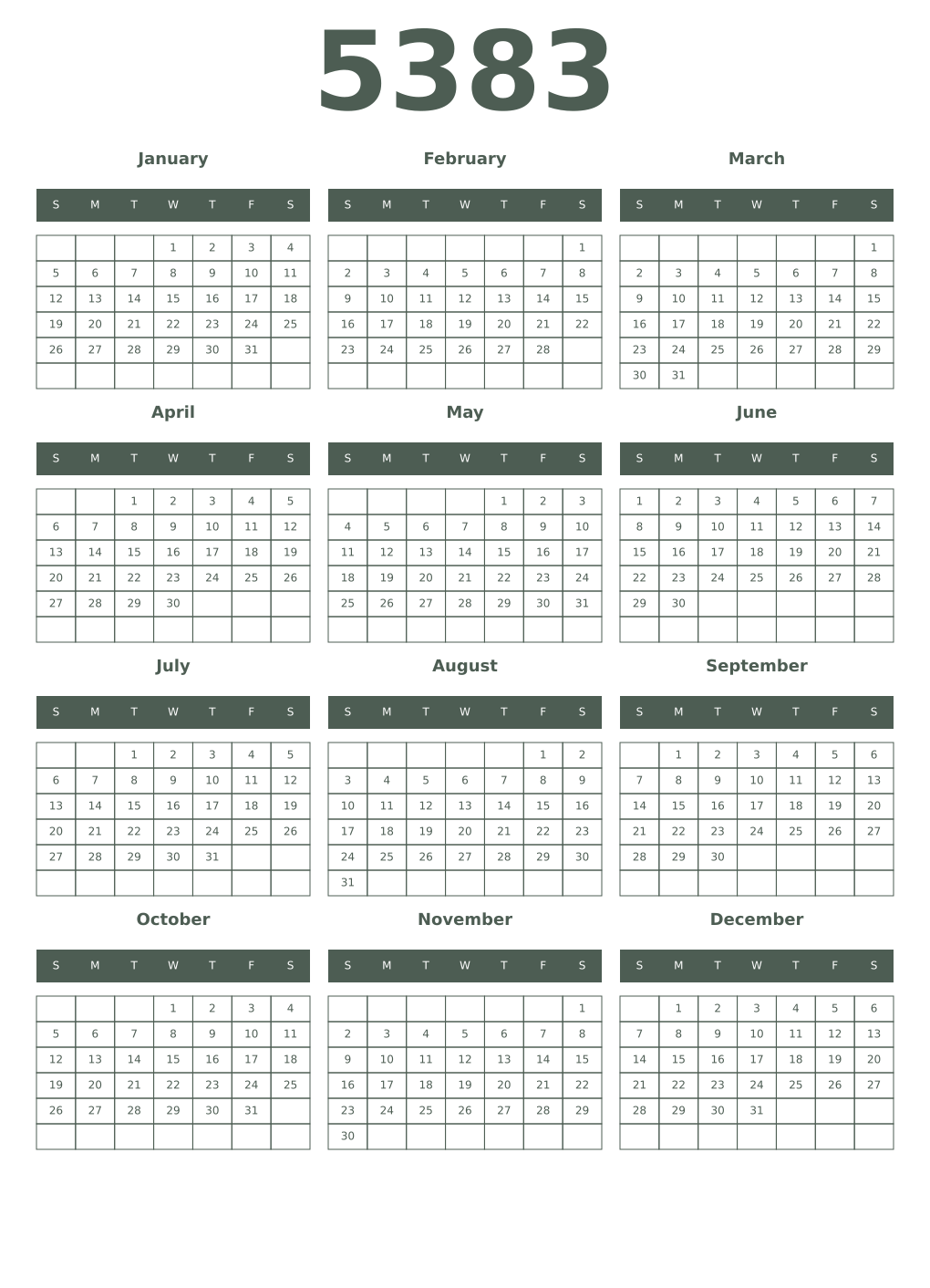Printable 5383 Year Calendars feldgrau