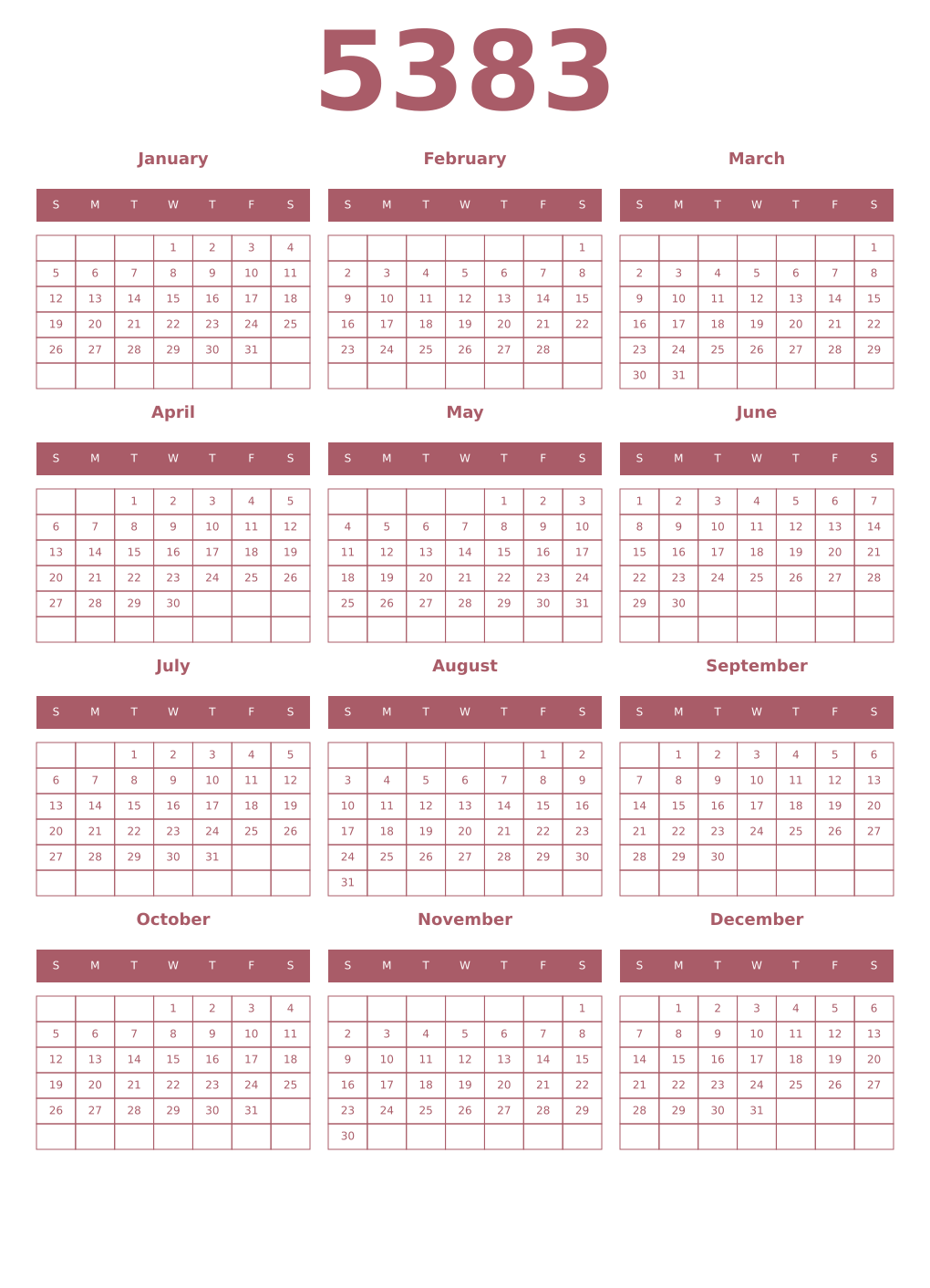 Printable 5383 Year Calendars puce