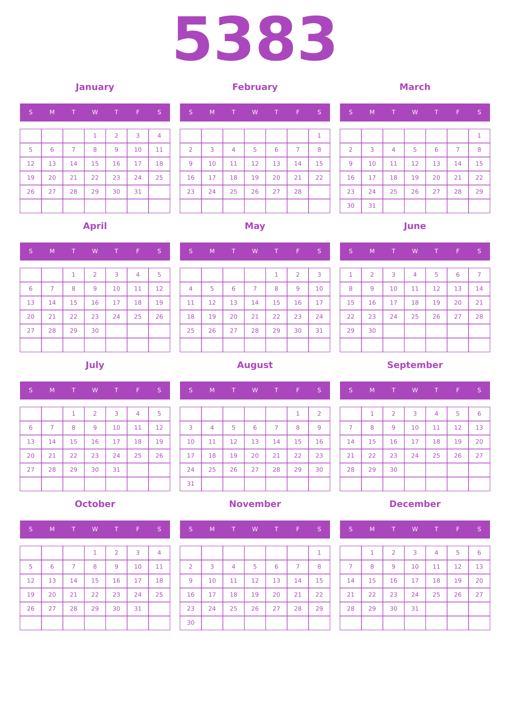 Printable 5383 Year Calendars purple