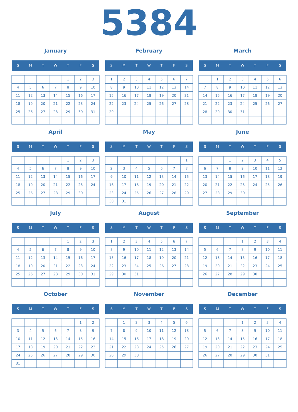 Printable 5384 Year Calendars blue