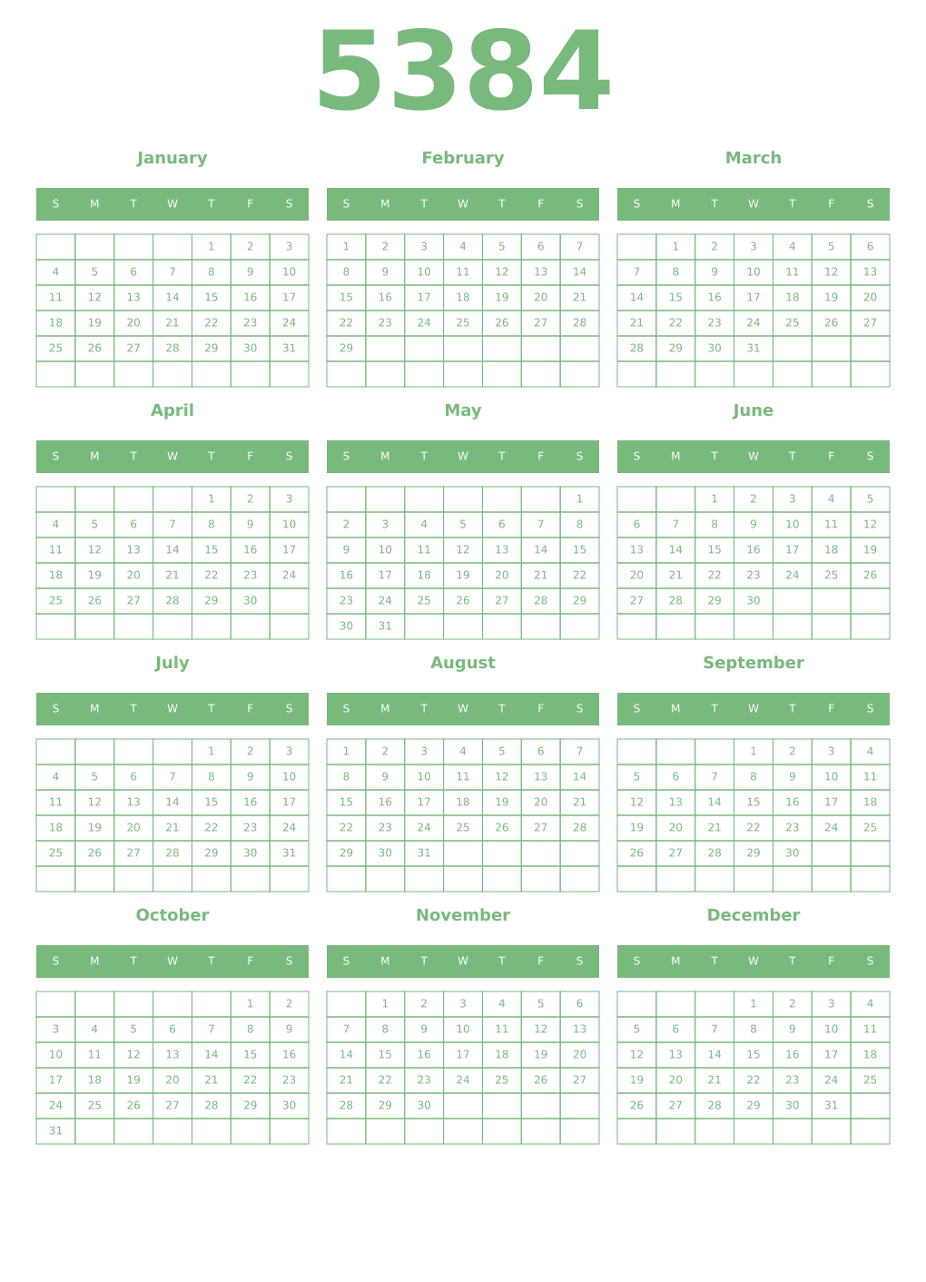 Printable 5384 Year Calendars celadon