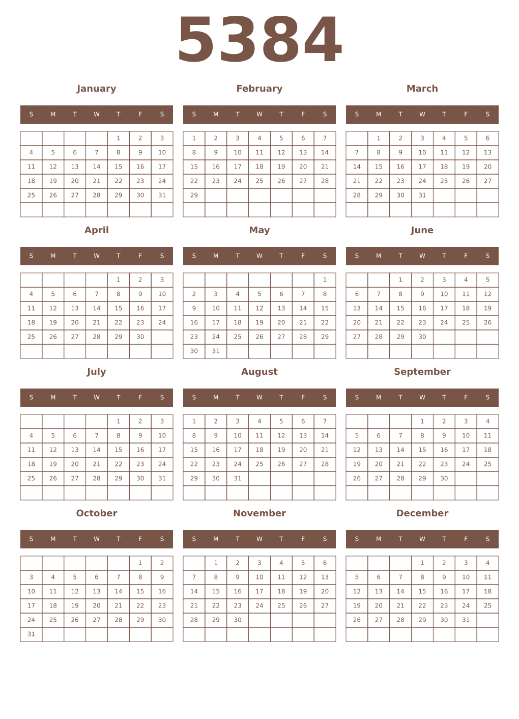 Printable 5384 Year Calendars coffe