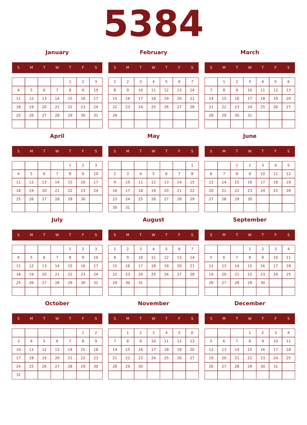 Printable 5384 Year Calendars falu