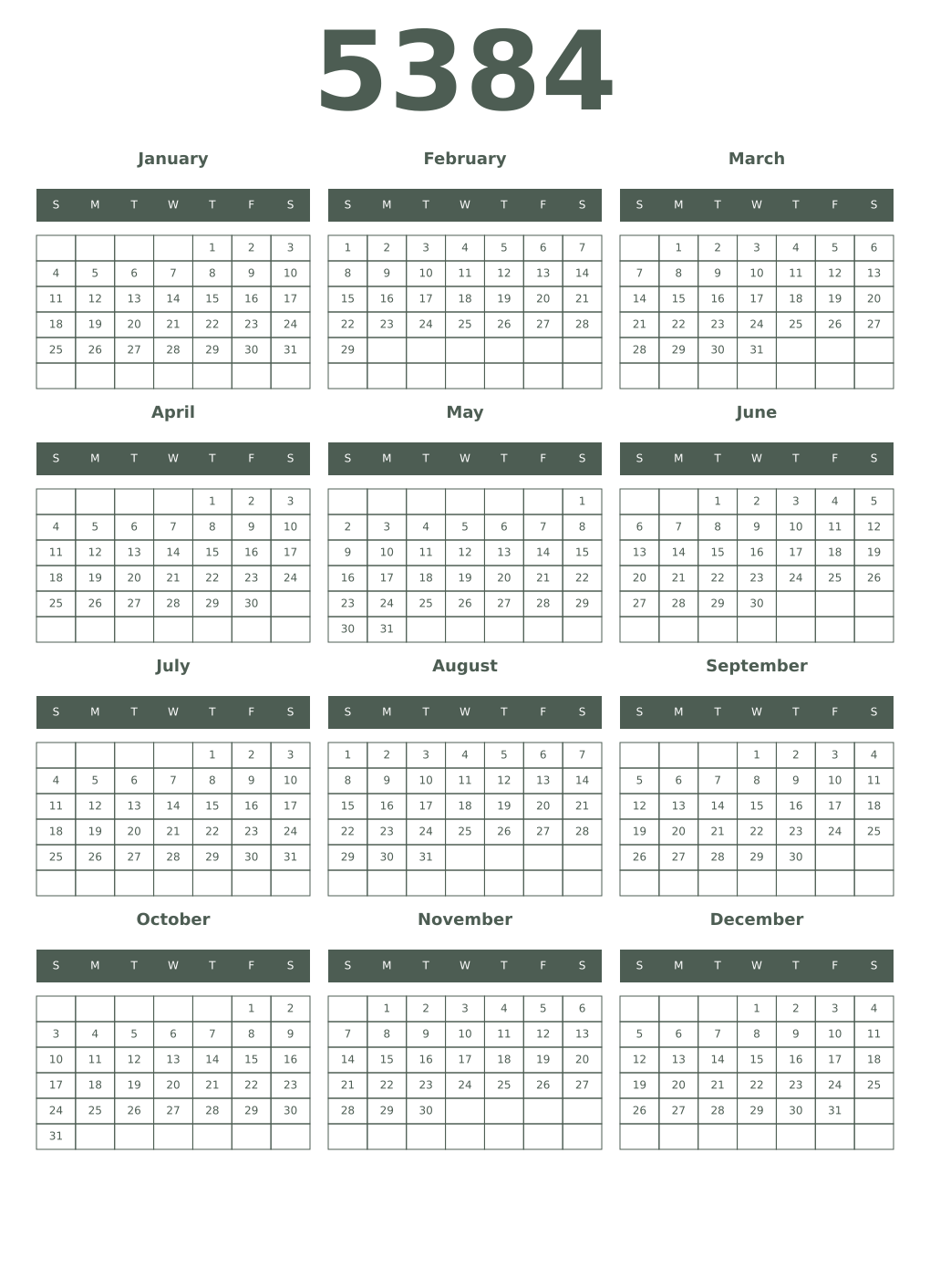 Printable 5384 Year Calendars feldgrau