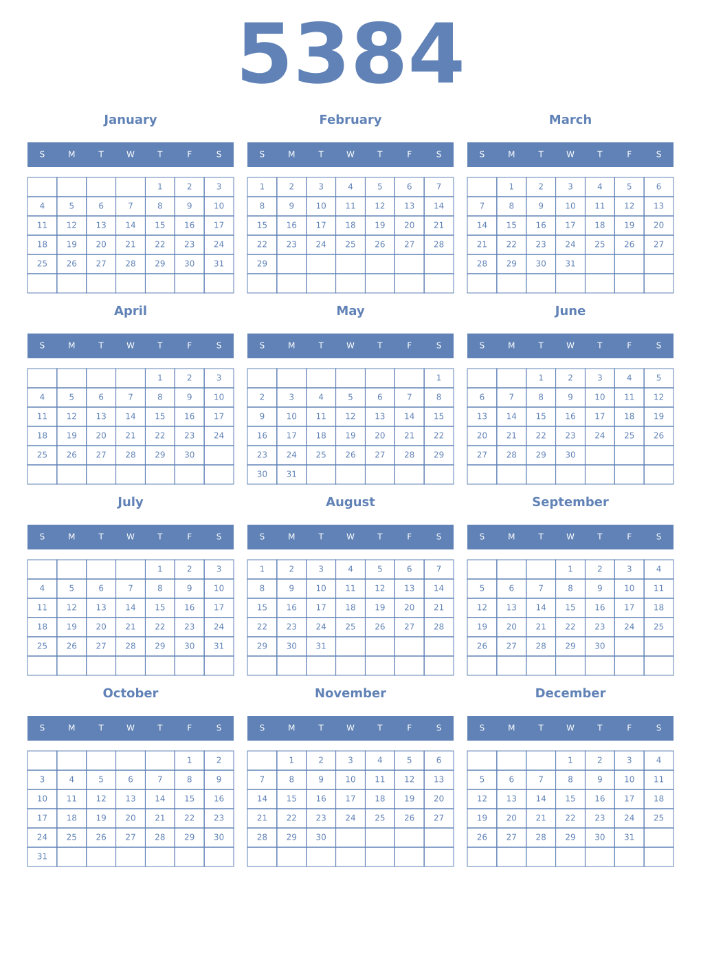 Printable 5384 Year Calendars glaucous