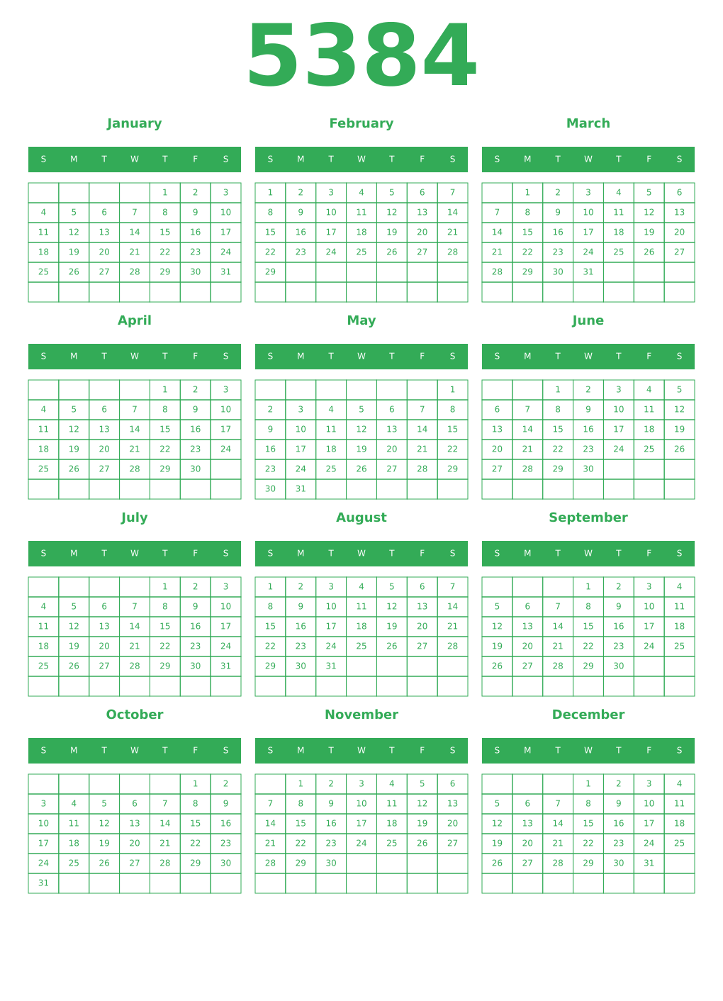 Printable 5384 Year Calendars green