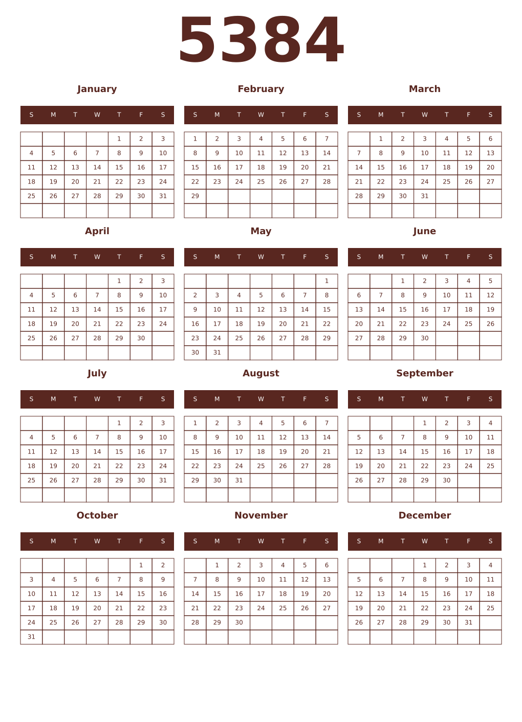 Printable 5384 Year Calendars mortuum