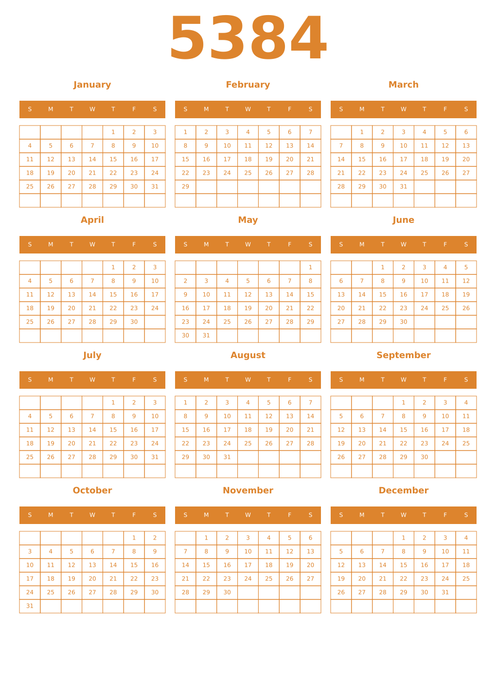 Printable 5384 Year Calendars orange