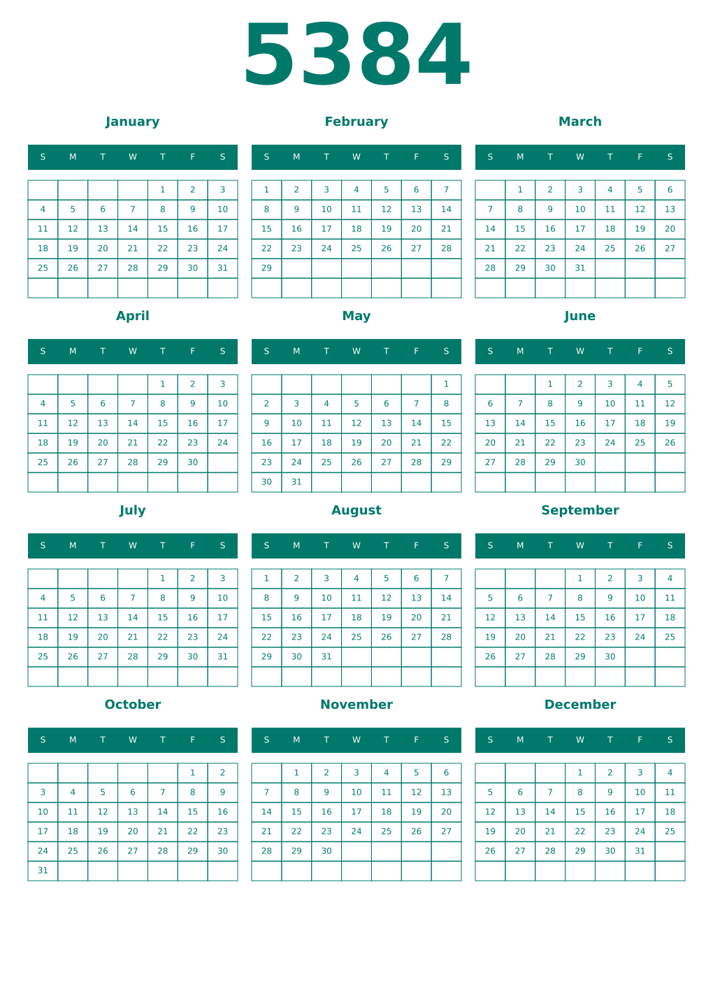 Printable 5384 Year Calendars pastel