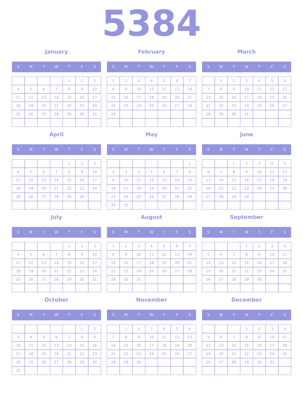 Printable 5384 Year Calendars periwinkle