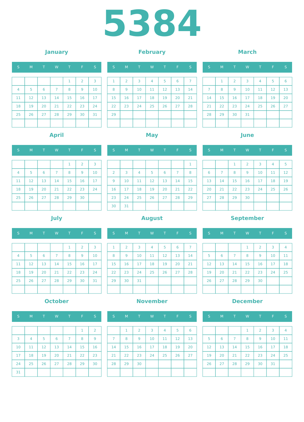 Printable 5384 Year Calendars verdigris