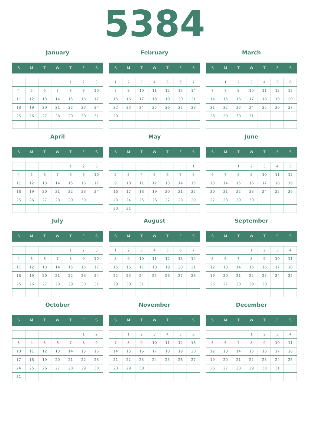Printable 5384 Year Calendars viridian