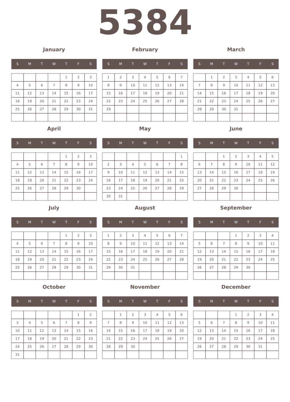 Printable 5384 Year Calendars wenge