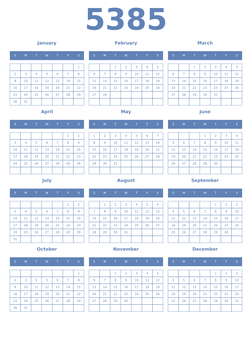 Printable 5385 Year Calendars glaucous