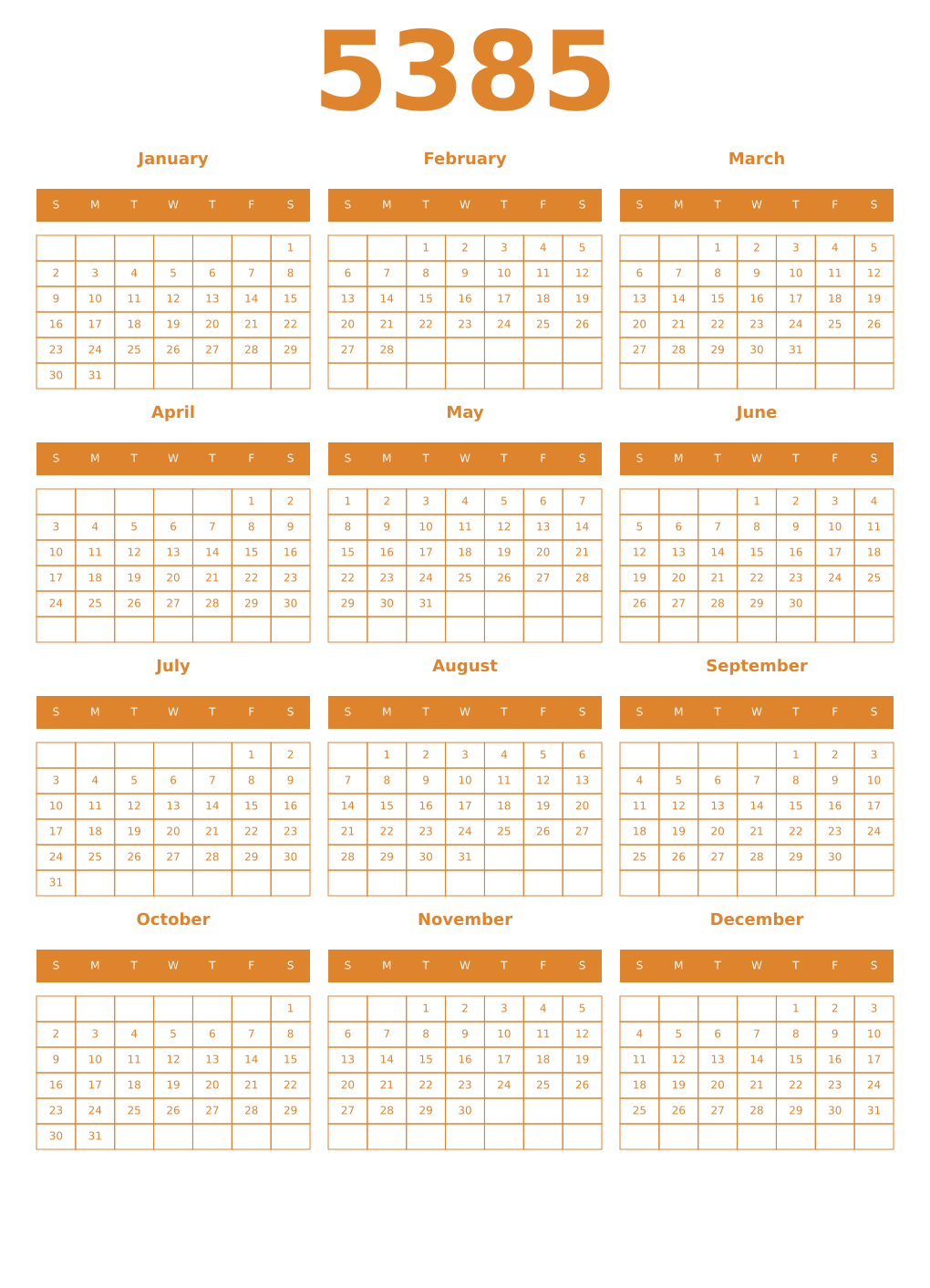 Printable 5385 Year Calendars orange