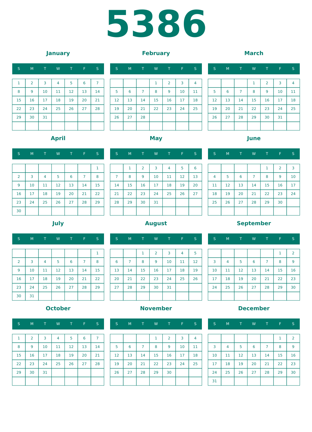 Printable 5386 Year Calendars pastel