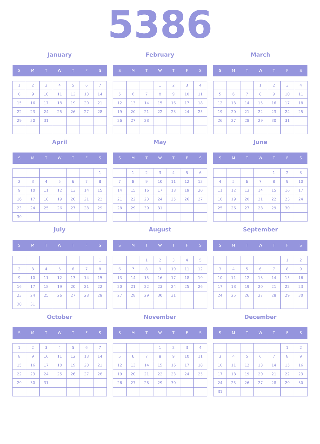 Printable 5386 Year Calendars periwinkle