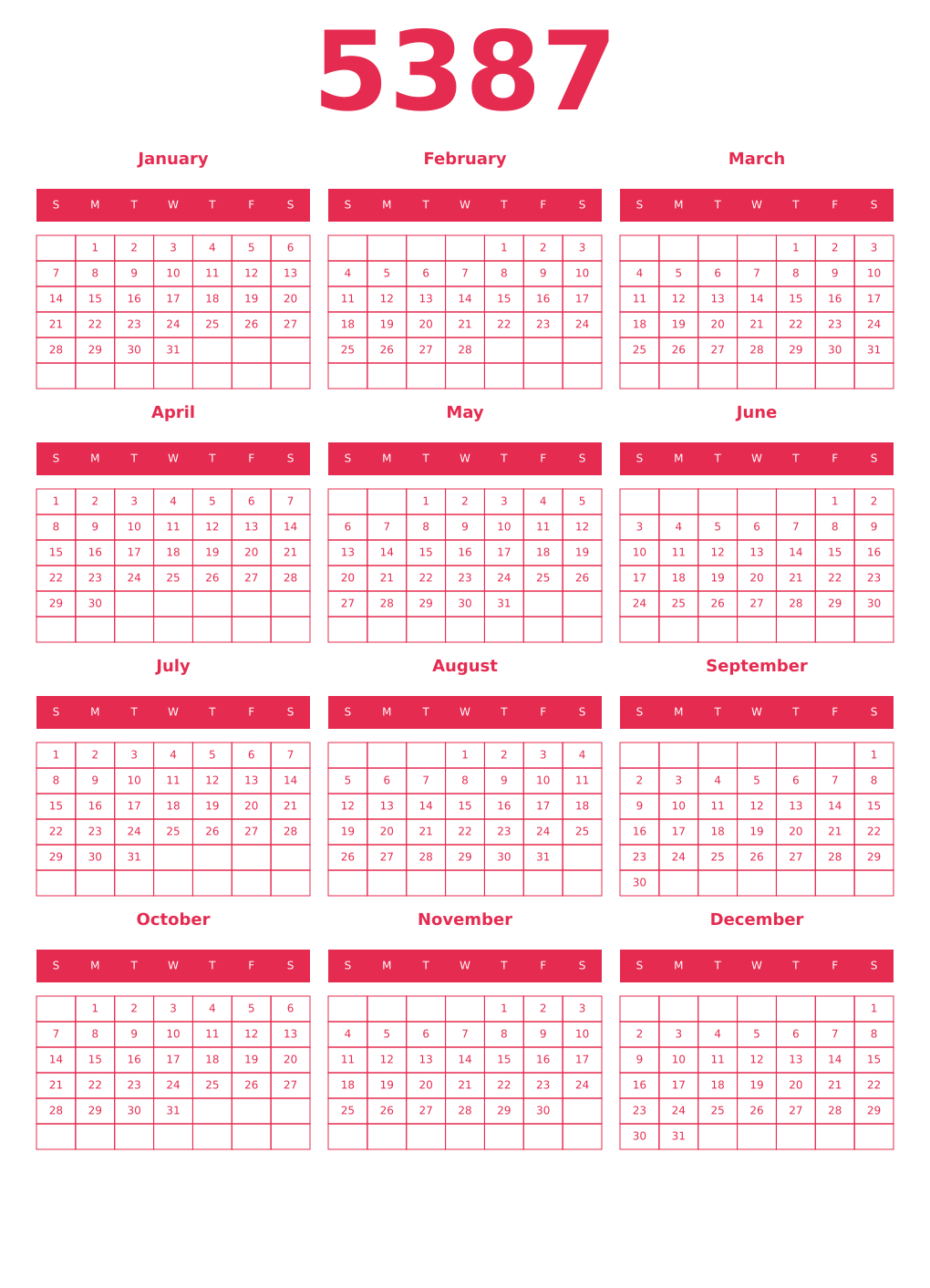 Printable 5387 Year Calendars amaranth