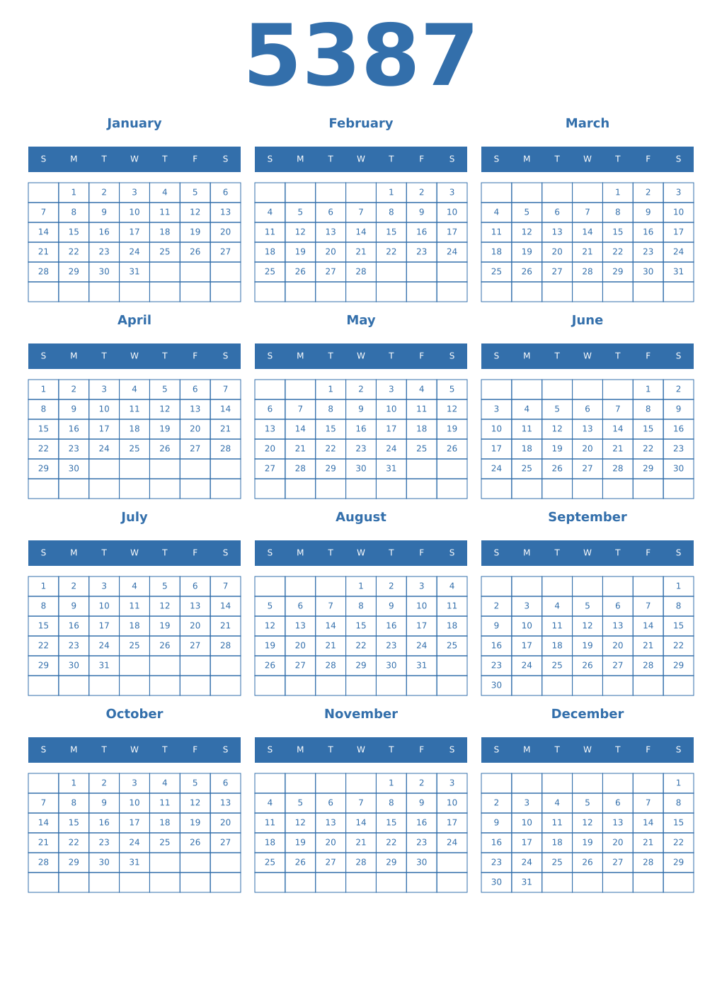 Printable 5387 Year Calendars blue