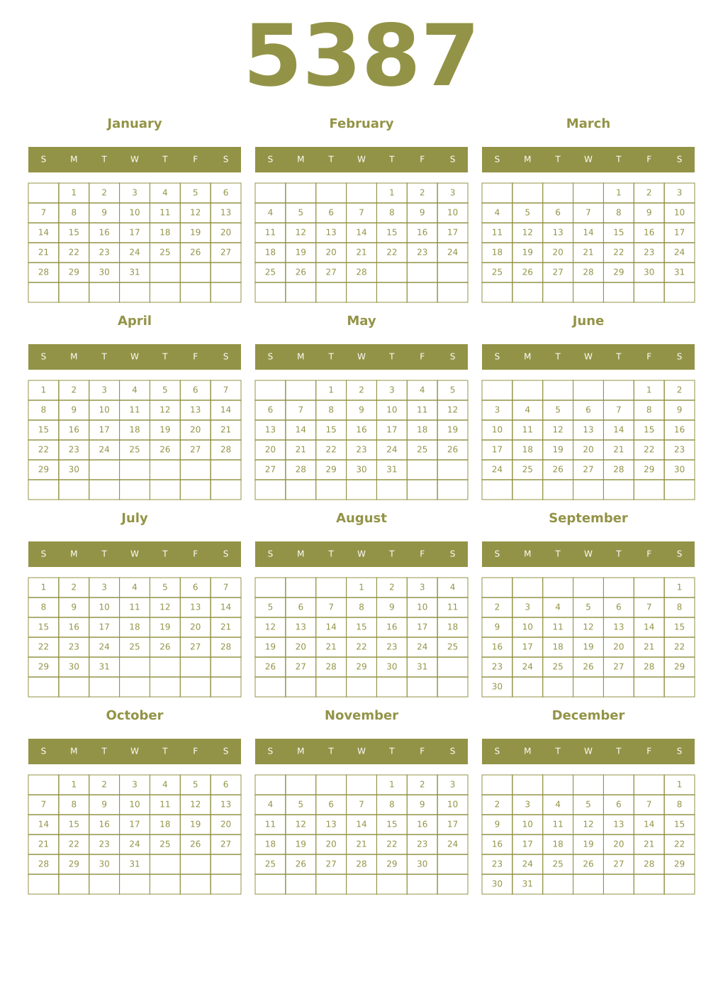 Printable 5387 Year Calendars eburnean