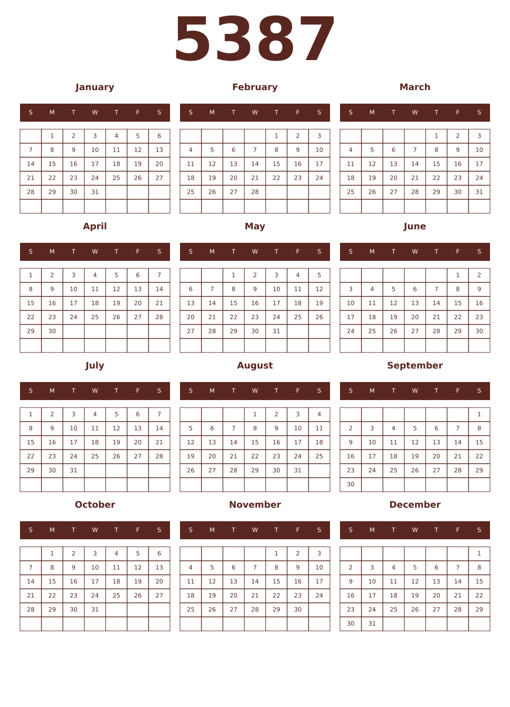 Printable 5387 Year Calendars mortuum
