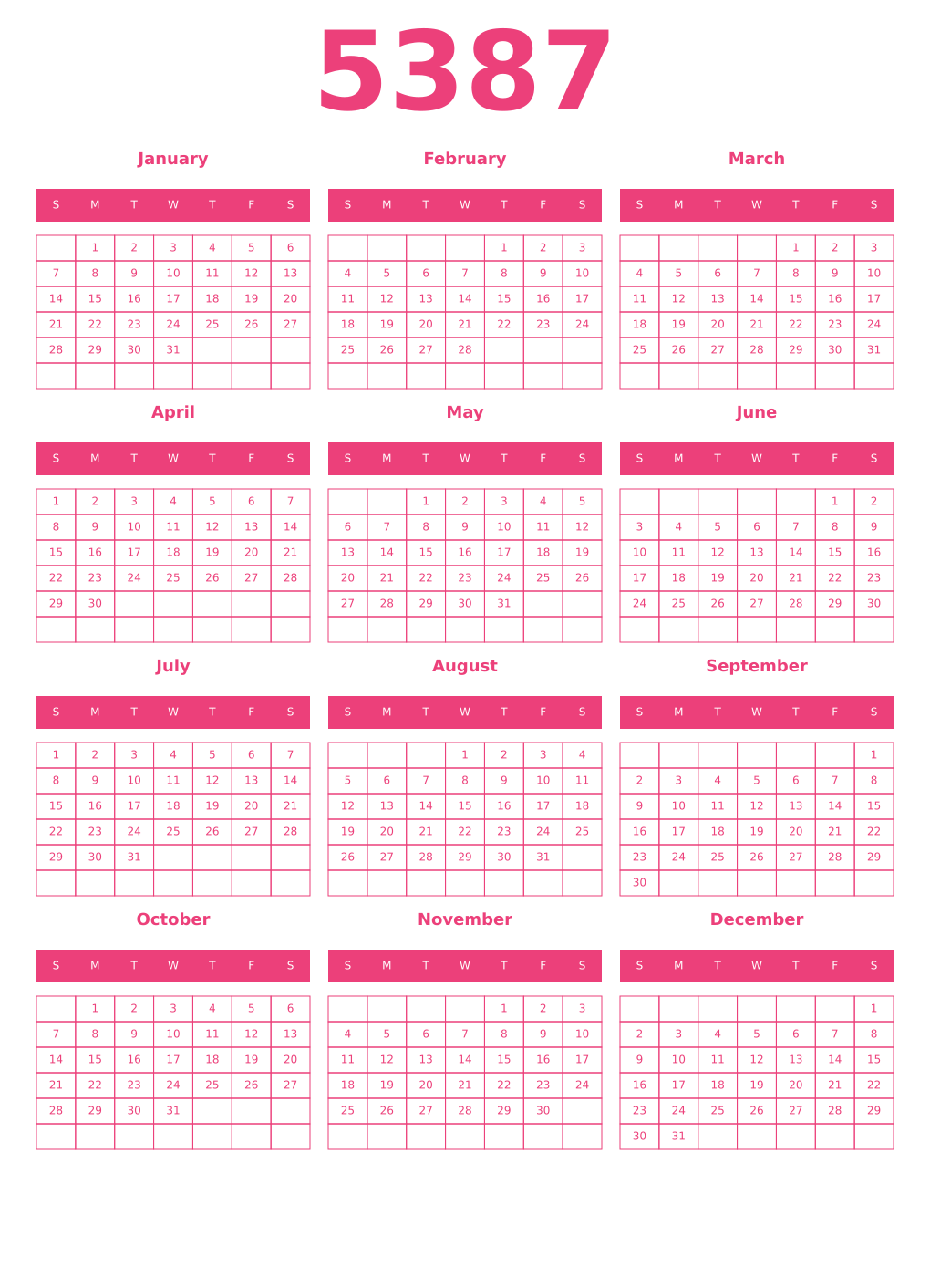Printable 5387 Year Calendars pink