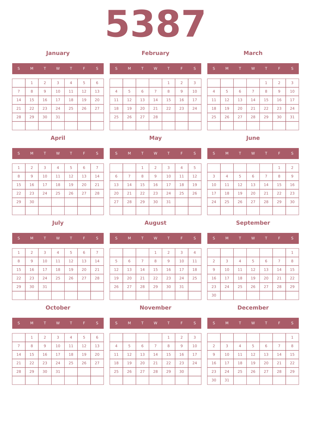Printable 5387 Year Calendars puce