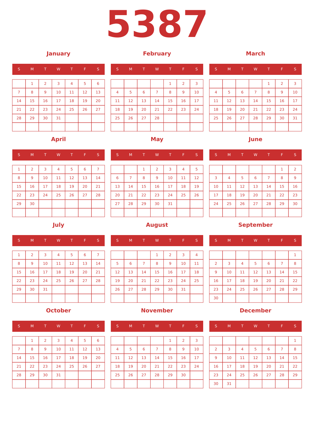 Printable 5387 Year Calendars red